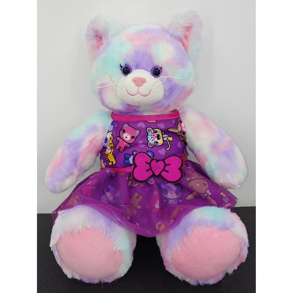 Build A Bear Workshop Pastel Swirl Kitty 14" Plush With Outfit Purple Dress BABW